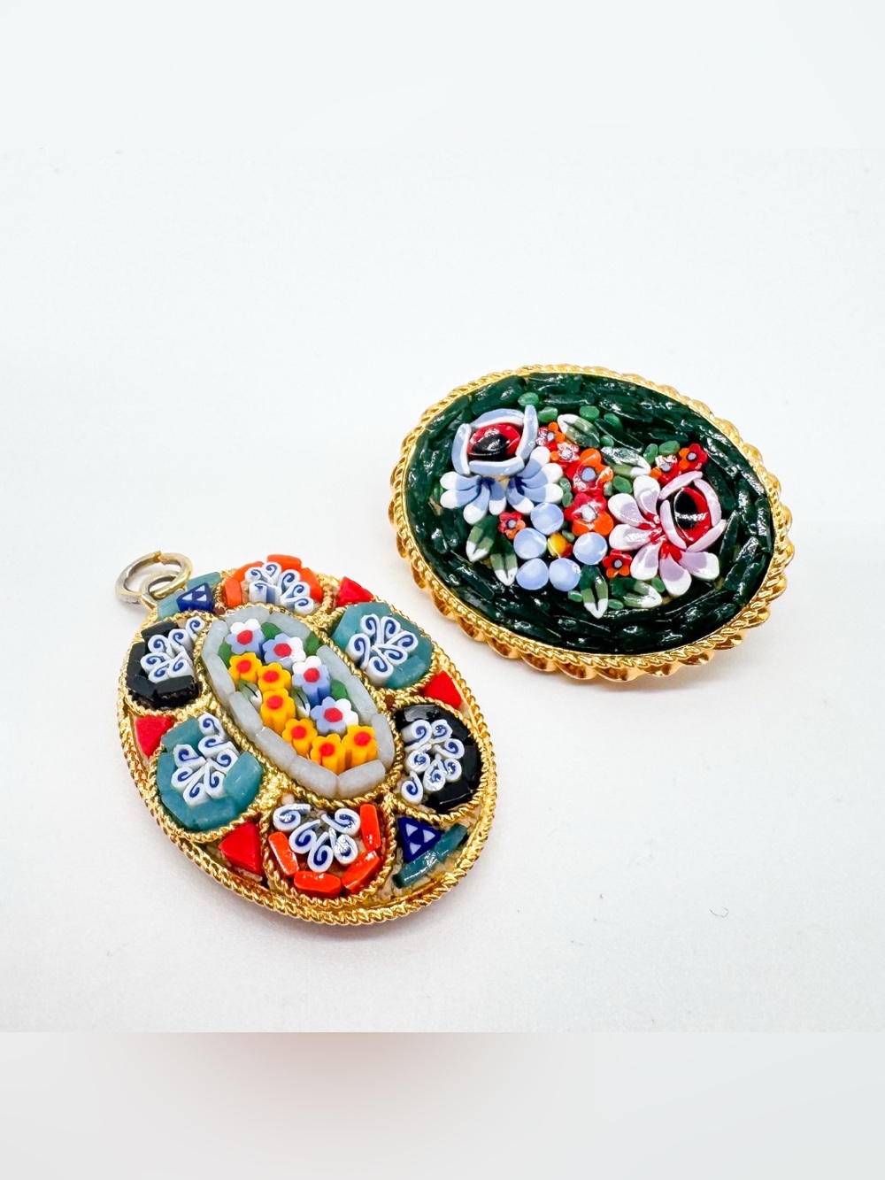 Pair Vintage Italian Micro Mosaic Millefiori Floral Brooch & Pendant Gold Tone